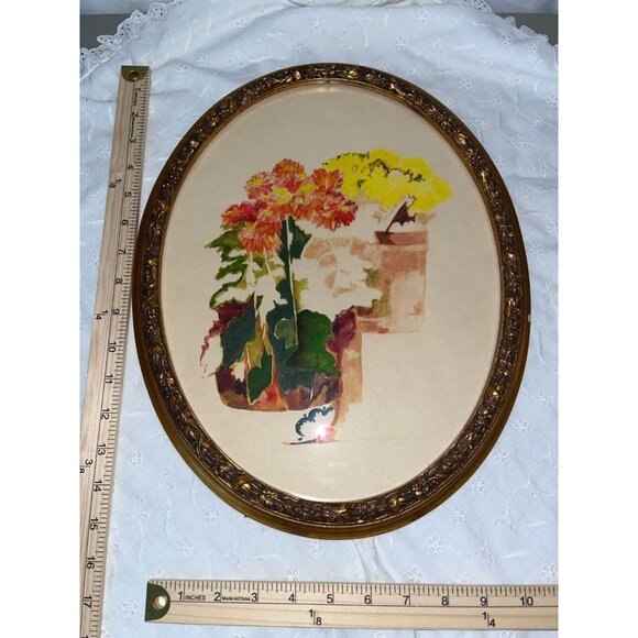 Vintage Oval Floral Watercolor Flower Pots on Steps In Ornate Gold Frame - Picture 12 of 12